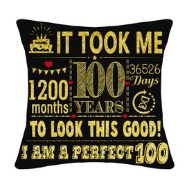 100th Birthday Gift Black Throw Pillow Cover 18x18 Inches for 100 Years Old Women Men Birthday Present for Mom Dad Grandma Grandpa Auntie Husband Wife Sister Family Friend (black-100th Birthday)