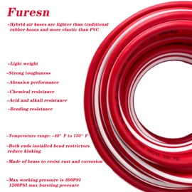 Air Hose 3/8 in x 10 ft, Heavy Duty, Lightweight, Kink Resistant, Hybrid Air Compressor Hose with 1/4 in Solid Brass Male Fittings, Bend Restrictors, 300 PSI(10ft, Red White)