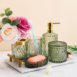 Bathroom Accessories Set,5Pcs Glass Bathroom Accessories Set, Lotion Dispenser, Soap Dish, Toothbrush Holder, Tumbler, Modern Bathroom Decor, Gift for Home Apartment (green)