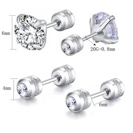 ZOCOYUU 2 Pairs Stud Earrings Set,Hypoallergenic 5A Cubic Zirconia 316L Stainless Steel CZ Screw Back for Men,Women,Boys & Girls (2 Pairs Silver-6mm)