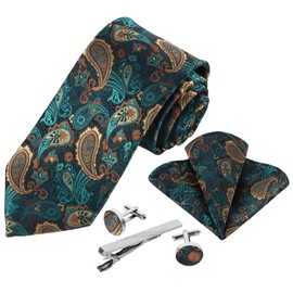 Beaface Men Ties Set, Paisley Tie and Pocket Square Cufflinks Tie Clip 5 PCS Set, Mens Necktie for Wedding Business Formal (Cyan Blue Paisley)