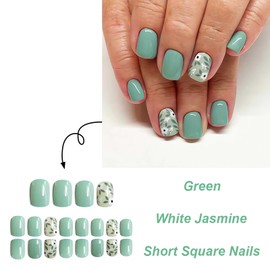 Spring Green Press on Nails Short Square Fake Nails Glossy False Nails with Full Cover Small Flowers Leaves Designs Cute Spring Summer Artificial Acrylic Nails Short Glue on Nails for Women 24 Pcs