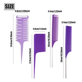 Hair Highlighting Comb Set - Professional Metal Rat Tail Teasing Comb, Dyeing Foiling Comb for Home Hairstylist and Barber (4 Pcs Purple)