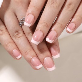 Noerrors French False Nails Short Square French Tip White Nude Ombre Press on Nails, 32Pcs Soft Gel Acrylic Fake Stick on Nails Full Cover Gel Glue on Nails Art Manicure Decorations for Girls Women