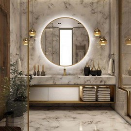 TheiaMo 32" Round LED Bathroom Mirror, Wall Mounted Round Backlit Mirror LED Bathroom Vanity Mirror with Lights Fog Free Circle Lighted Mirror with Gold Frame, Smart Light up Mirror 3-Color