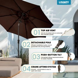 LOUNZY 9FT Large Outdoor Patio Umbrella Table Umbrella-UV Resistant,Easy Push Button Tilt and Crank,8 Sturdy Fiberglass Ribs Pool Umbrella for Patio,Backyard,Deck,Yard,Market,Brown