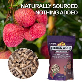 QUBE BBQ Taiwanese Lychee Wood Smoking Pellets | Light Floral Fruitwood Smoke | Use Less, Taste More | 100% Natural Hardwood for All Grills & Smokers | 2 lb Bag