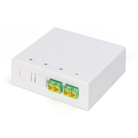 DIGITUS FTTH Housing - 2 x LC/APC Duplex Coupling with Shutter - Singlemode Fibre Optic - Integrated Fibre Optic Splice Cassette - IP45 Protection Class - Wall or DIN Rail Mounting - White