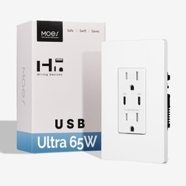 MOES 65W GaN Power Delivery USB C Wall Outlet 15 Amp, Ultra Speed Type C Receptacle, PD USB C Ports, Tamper Resistant, Screwless Wall Plate Included, ETL Listed, Matte White, 1 Pack