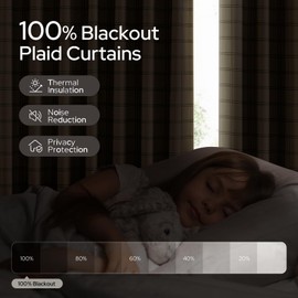 HOMEIDEAS 100% Blackout Plaid Print Pinch Pleated Curtains, Noise Reduction Thermal Insulated with Adjustable Hook, for Farmhouse Living Room, Bedroom, Nursery, 2 Panels, W40 X L96 Inch, Sand