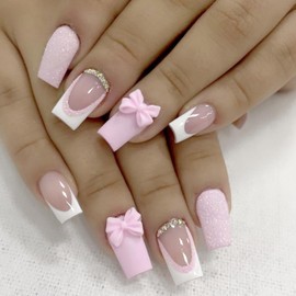 24Pcs French Tip Press on Nails Short Pink Fake Nails Square Shaped Bow Charms with Rhinestones Full Cover Glue on Nails Glossy Designs Cute False Nails Stick on Nails for Women Acrylic Nails Salon