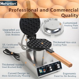 Hehinton® Upgrade Bubble Waffle Maker, 110V 1400W Commercial Egg Puff Waffle Iron Machine, Professional Stainless Steel Hong Kong Egg Bubble Maker, 180° Rotating, Non-stick Coating, Ergonomic Panel
