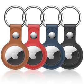 BuFan Airtag Holder with Keychain and Lock, [4 Pack] Funda Protectora de Cuero PU AirTag con llaveros para Cartera, Collar de Perro, Equipaje y Llaves-Negro/Verde/Marrón/Rosa