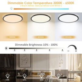 Yexati Bathroom Light 24W 3200LM 30cm Dimmable with Remote Control 6500K-3000K, IP54 LED Bathroom Light Ultra Thin Flush Ceiling Light Round for Kitchen Toilet Porch Bedroom Utility Room Black