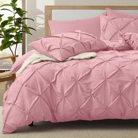 VACVELT 5 Piece Pinch Pleated Duvet Cover Full/Queen Size Set, Pink Pintuck Duvet Cover with Zipper & 8 Ties, Shabby Chic Microfiber Duvet Cover + 2 Pillow Shams + 2 Pillowcases, No Comforter