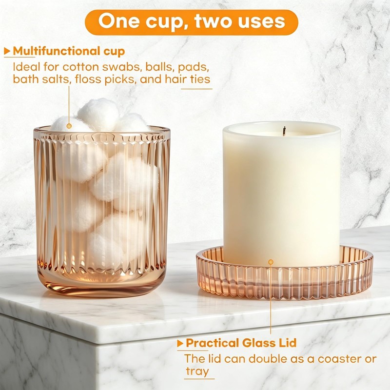 PENCK 2 Pack Ribbed Glass Qtip Holder with Lid, Amber