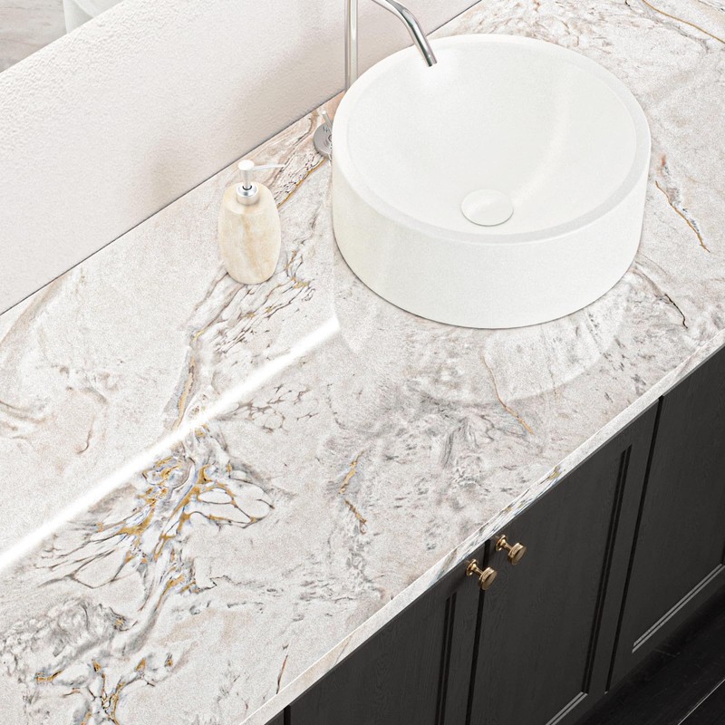 VEELIKE Glossy Cream Gold Marble Contact Paper for Countertops Peel
