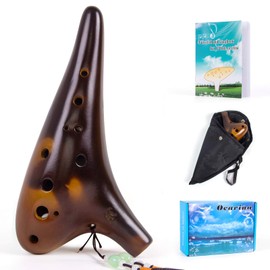 Ocarina, Horse 12 Holes Alto C Ceramic with Carry Bag Music Book Strap (Brown)