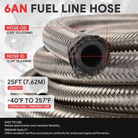 J2 Engineering 6AN 25FT 0.34inch ID Stainless Steel Braided CPE Fuel Line with Swivel Hose End Fitting Adapter Kit, Silver, J2-FLS-CPE-06-SL
