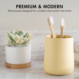 Yew Design Matte Yellow Cream Toothbrush and Toothpaste Holder and Cup for Bathroom Vanity and Countertop, Round Organizer for Electric Toothbrushes, Floss, Razors, Cotton, and Mouthwash