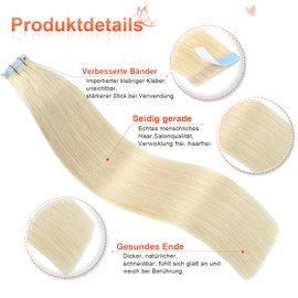 Evala Tape-In Extensions, Real Hair, 50 cm, #60 Platinum Blonde, Real Hair, Pack of 20, Real Hair Bonding Extensions, 50 g, Tape-In Extensions, Real Hair