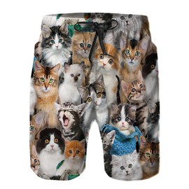Mens Swim Trunks with Mesh Lining,Cute White Cat Black Kitten Funny Kitty Quick Dry Swimsuit Board Shorts Beach Pants Swimwear Bathing Suits L