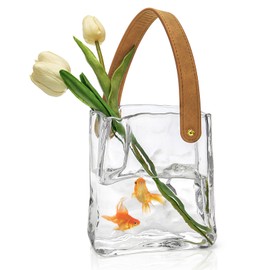 Noamus Glass Bag Vase for Flowers, Unique Purse Vases with Leather Handle, Decorative Wrinkle Handbag Shape Vase, Handmade Clear Fish Bowl for Centerpieces, Home Office Garden Wedding, Farmhouse Decor