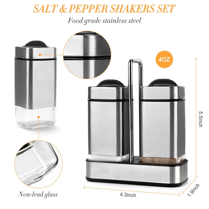 Salt and Pepper Shakers Set with Holder-Stainless Steel Salt Shaker