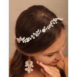 Teyglen Silver Leaf Wedding Hair Vine Bridal Headband with Snowflake Handmade Pearl Crystal Hair Piece Hair Accessories for Women Christmas Party Prom Headpiece (Silver, Free size)