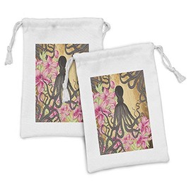 Ambesonne Octopus Fabric Pouch Set of 2, Kraken Roses Leaves Tentacles Vintage Antiqued Sea Life Theme, Small Drawstring Bag for Toiletries Masks and Favors, 9" x 6", Pale Brown Pink