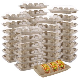 GBACHOOSE 50PCS Disposable Taco Holders with 3 Dividers, Premium Paper Taco Plates with Dividers Taco Stands for 3 Tacos, Fiesta Taco Tray Holder Disposable Taco Holders for Party