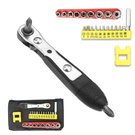 23Pcs Mini Ratchet Screwdriver Set, Right Angle Screwdriver Short Offset Screwdrivers with Phillips, Flat, Torx, Hex, Square High Torque Reversible Mini Ratcheting Ratchet Screwdrivers