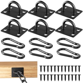 6 PCS Black Eye Plate with 6 Carabiners & 24 Screws, Cold-rolled Steel Pad Eye Plate Heavy Duty, Pad Eye Plate Suspension Ceiling Hook for Hanging Basket Planters, Roof Beam, Ceiling Fan, Shade Sail