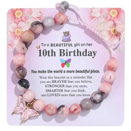 YUCSAWJK Birthday Butterfly Bracelet for 6-22 Years Old Girls,Inspirational Natural Stone Beads Bracelet, Wishes Birthday Card Daughter Granddaughter Niece Teenage Girl'S Trendy Bracelet (10th)