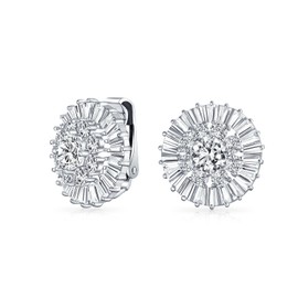 Bridal Wedding CZ Pave Round Cubic Zirconia Clip On Earrings For Women Non Pierced Ears Silver Plated Brass