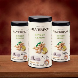 Silverpot Ginger Lemon, 50 Round Tea Bags, Tin | Gourmet Herbal Tea | Caffeine Free | Enjoy Hot or Iced