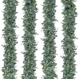 SOMYTING Pack of 4 Artificial Eucalyptus Garlands with Willow Leaves Green Leaves White Flower Garland Artificial Plant Hanging Plant for Background Wedding Decoration Table Runner Centrepiece