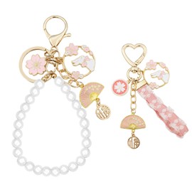 TTYY 2Pcs Keychains Set Cute Keychain Bag Charms for Purse, Backpack, Luggage, Pearl Key Wristlet Gift for Women Girls (Sakura)