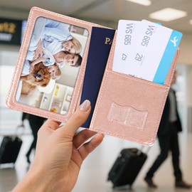 Passport Holder for Travel, RFID Blocking Passport Cover with Pen Holder Leather Passport Wallet Case Travel Must Haves Accessories Passport Book Card Holder for Family Travel Essentials, Rose Gold