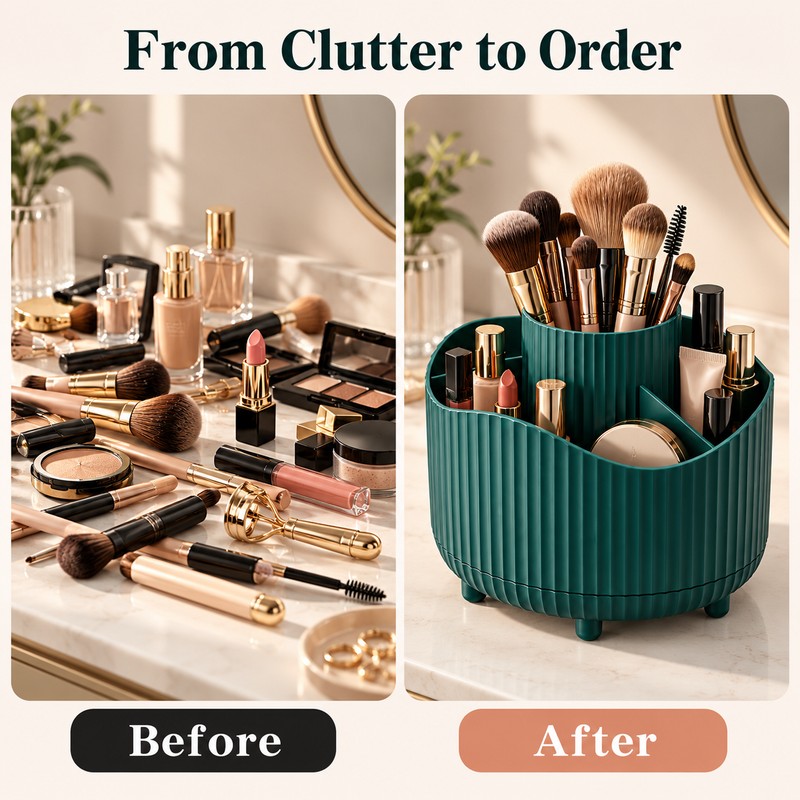 360° Rotating Makeup Organizer for Vanity – Green 5-Compartment Cosmetic