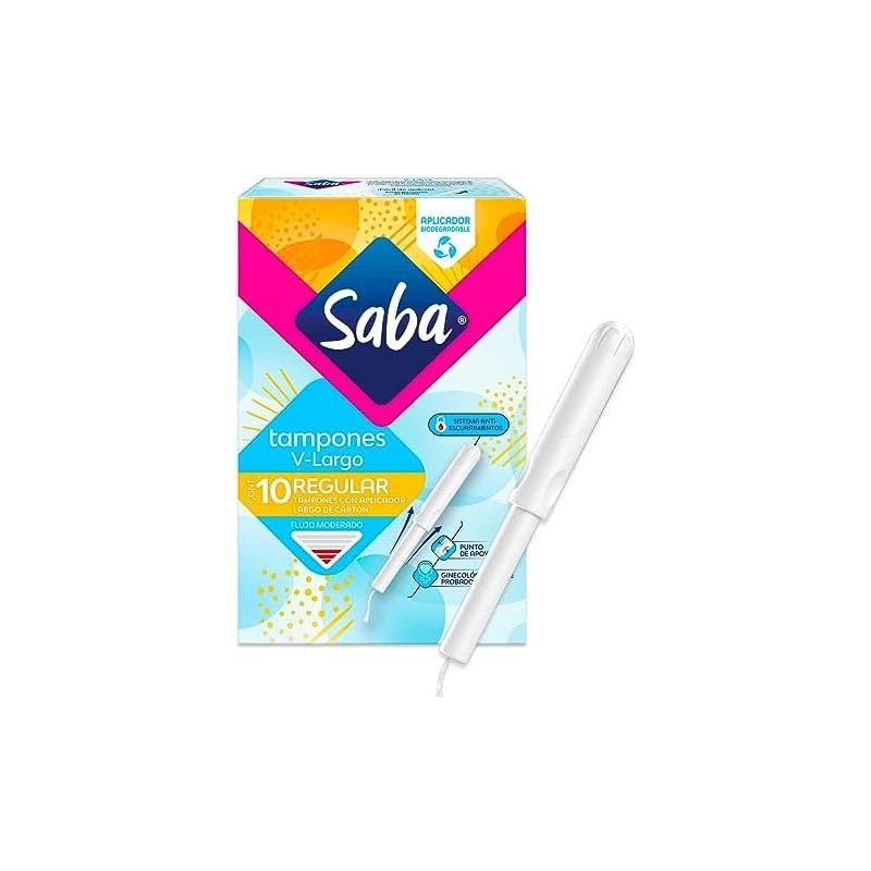 Saba Tampones Regulares Con Aplicador Largo, Flujo Moderado, 10 Piezas
