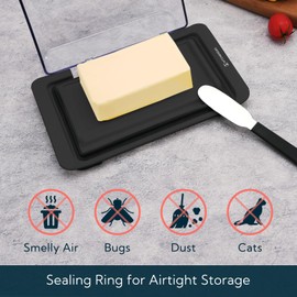KITCHENDAO Airtight Flip-Top Butter Dish with Lid and Knife Spreader for Countertop and Refrigerator, Butter Keeper, Plastic Butter Holder Tray for 2 Sticks East Coast/ West Coast (Black)