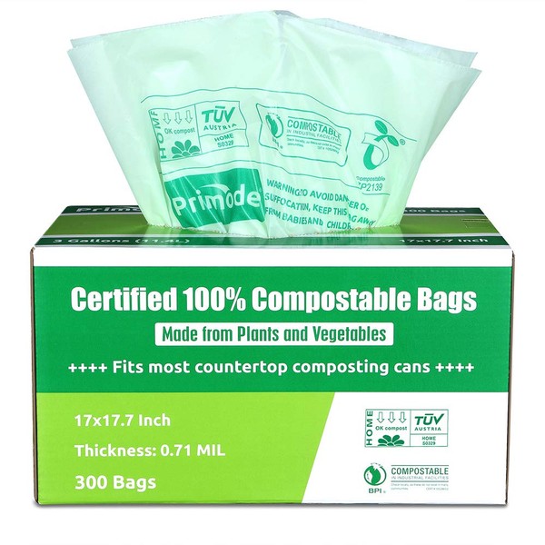 Primode 100% Compostable Bags, 3 Gallon Food Scraps Yard Waste Bags, 300 Count, Extra Thick 0.71 Mil. ASTMD6400 Compost Bags Small Kitchen Trash Bags, Certified By BPI And TUV