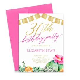 Elegant Fiesta 30th Birthday Invitations for Women, 50th Birthday Party Invitations for Women, Cactus 40th Birthday Invitations for Women, Your choice of Age, Quantity and Envelope Color