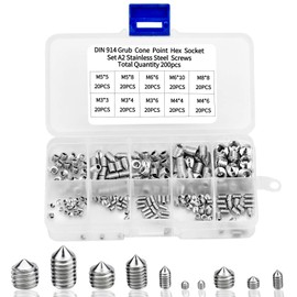 Pack of 200 Grub Screws, Taper Tip, M3, M4, M5, M6, M8, Cone Tip of the Screw without Head, Hexagon Socket, Cup Stainless Steel Thread, Hexagonal Screw with Hole Tip