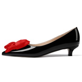 WAYDERNS Women's Black Red Patent Low Heel Pointed Toe Bow Decoration 1.5 Inch Slip On Kitten Pumps Shoes Size 8 - Zapatos de Mujer de Tacon Bajo Elegantes