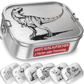 TAKWAY Children's Stainless Steel Lunch Box with Compartments, 800 ml, Leak-Proof, Bento Box with Division, Variable, Lunch Box, Nursery School (Dino, 3 Compartments)