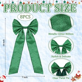 Bucherry 8 Pcs Large Glitter Christmas Bows Ornaments with Twist Tie 7x16 Inch Metallic Glitter Ribbon Bows Holiday Christmas Tree Ornaments for Xmas Party Decoration, Gift Wrapping, Wreaths(Green)