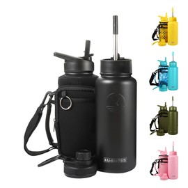 FAHRMOSIS 32 Oz Water Bottle with Straw & Holder Strap | Insulated Water Bottle Water Jug Includes 3 Lids Water Bottles | Stainless Steel Water Bottle for Men & Women - Black