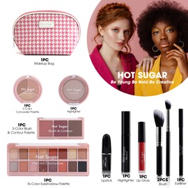 Hot Sugar All in One Makeup Kit, Makeup Set for Women, Girls Makeup Kit for Teens with Eyeshadow, Blush, Contour, Highlighter, Concealer, Lipstick, Lip Gloss, Eyeliner and Brush (Pink)